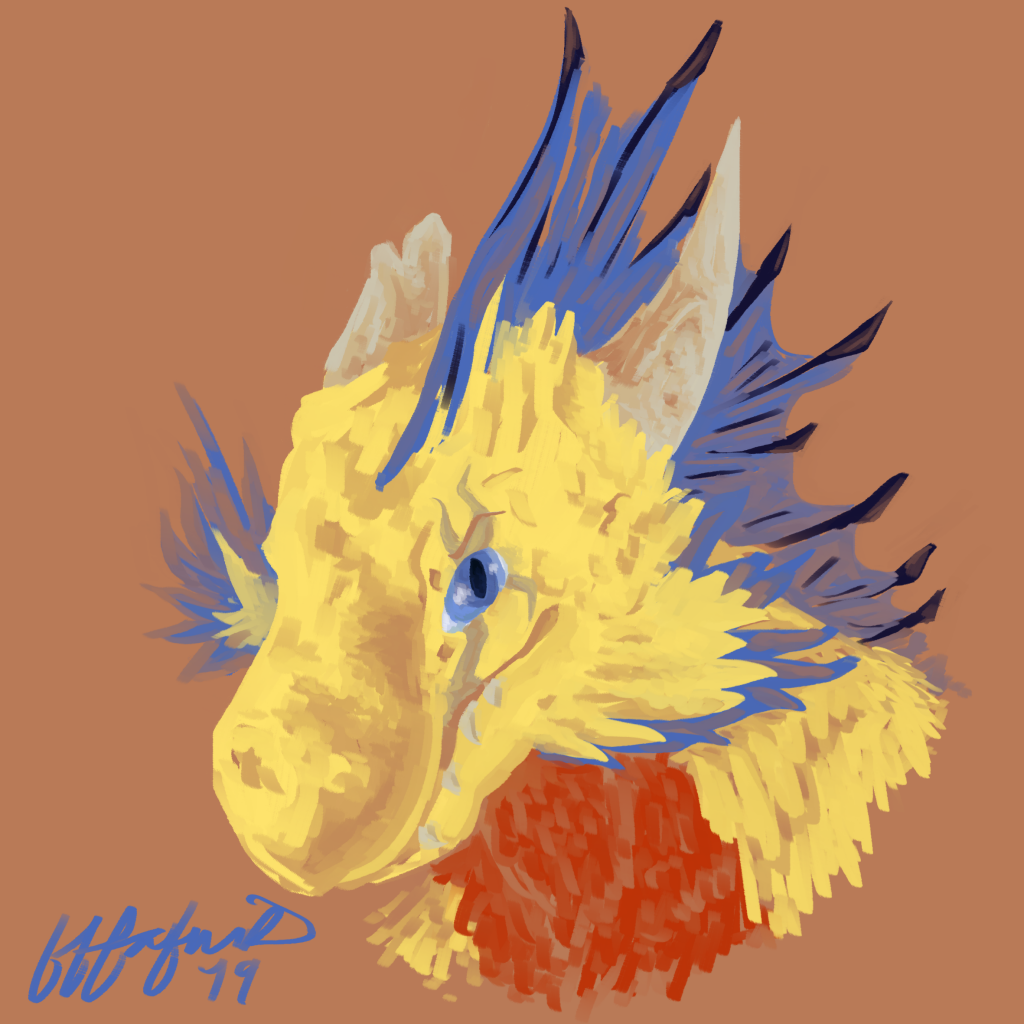 Painting of Wathara, a weathered and scarred yellow dragon, made for Art Fight 2019.